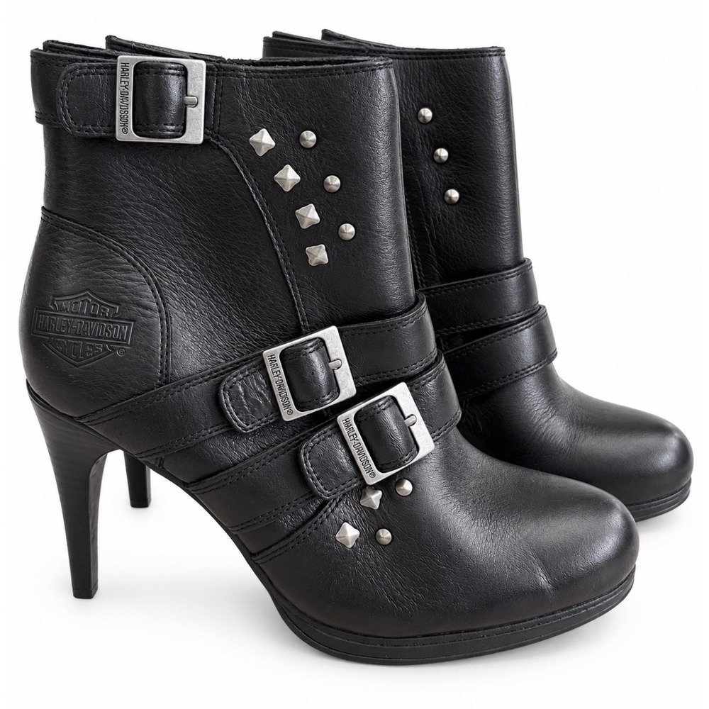 Harley Davidson Womens Black Leather Studded Heeled Ankle Boots D84554 Size 8M